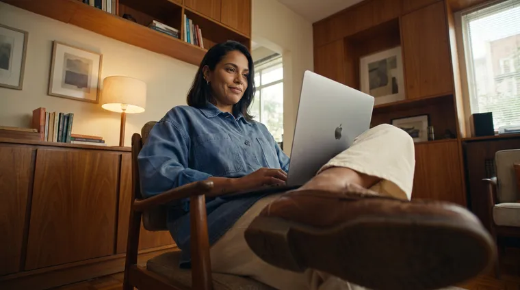 Mulher trabalhando no notebook numa poltrona, em casa com luz quente