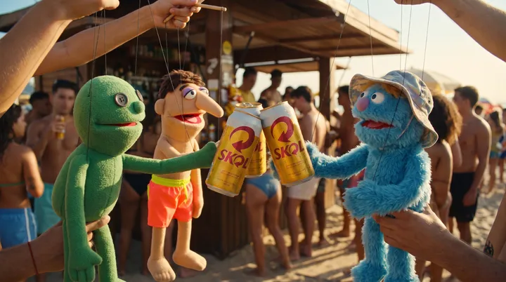 Bonecos de fantoche brindando latas de cerveja em um quiosque de praia, cena de anúncio criada com IA